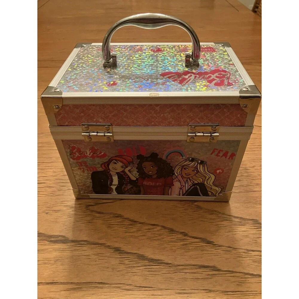 Barbie Metal Jewelry Box Silver/Pink Rectangular Carry Case w/ Handle Latch